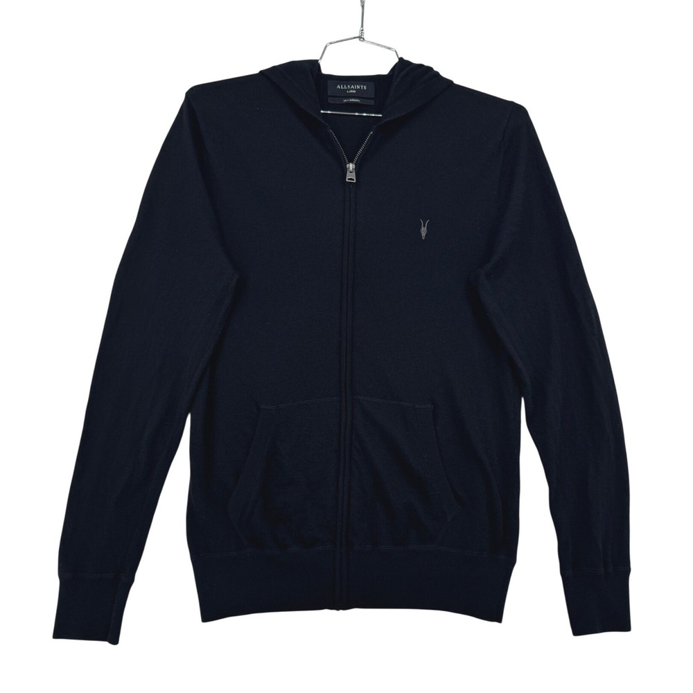 AllSaints Mode Merino Zip Hoodie Mens Large Black Excellent Wool Ramskull Logo